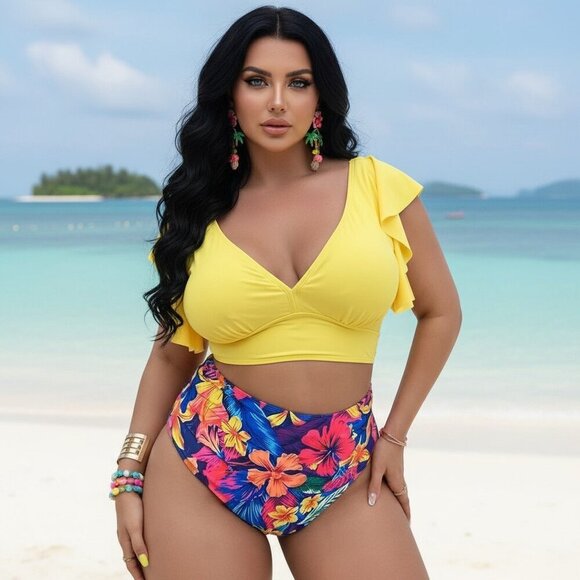 Boho Chic Plus Size Yellow Ruffle Tankini Set High Rise Tropical Floral Bottom - Picture 10 of 16